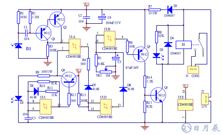 紅外接近開關(guān)電路 本例紅外接近開關(guān)電路是通過檢測發(fā)射的紅外線信號是否被發(fā)射來判斷前方是否有物體，從而控制繼電器的開關(guān)動作來控制其它電路（本例省略）。.png