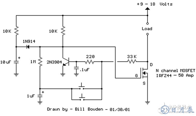當(dāng)開(kāi)關(guān)按下時(shí)，1uF電容被連接到220歐姆和33K電阻連接點(diǎn)，NPN晶體管截止，場(chǎng)效應(yīng)管導(dǎo)通開(kāi)啟負(fù)載。釋放按鈕后，1uF電容通過(guò)1M電阻充電。第二次按下開(kāi)關(guān)，1uF電容充電后的電壓被加載到NPN晶體管基極，晶體管導(dǎo)通，場(chǎng)效應(yīng)管關(guān)閉，負(fù)載斷電。
